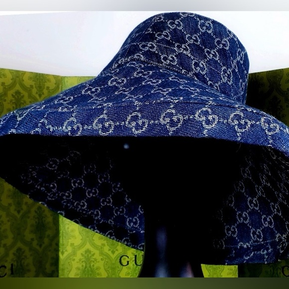 Gucci GG Bucket Hat in Wide Brim Thick Denim Navy Blue Monogram Large - Picture 6 of 16